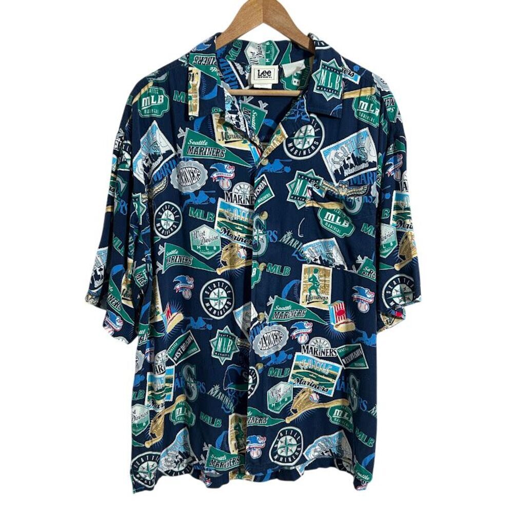 VTG Seattle Mariners All Over Print Button Down Shirt Mens XL Rayon Collar